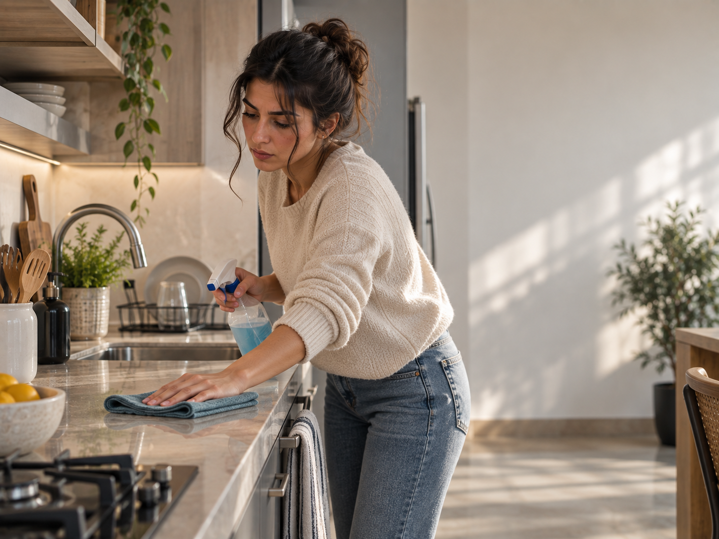 امرأة تنظف سطحًا منزليًا بشكل متكرر في مثال على وسواس النظافة والتلوث OCD