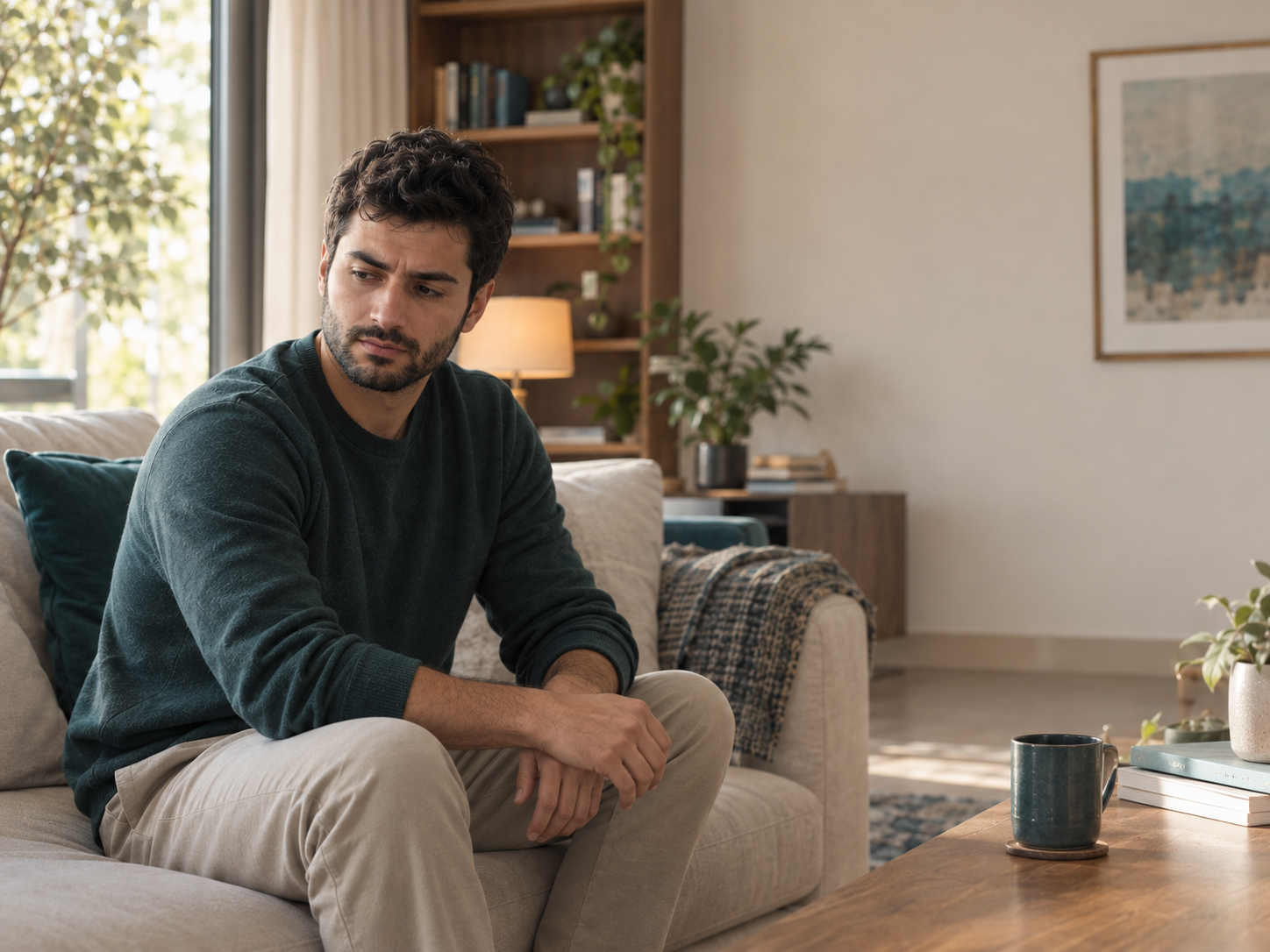 رجل يشعر بالانزعاج من أفكار دخيلة غير مرغوبة مرتبطة بالوسواس القهري OCD