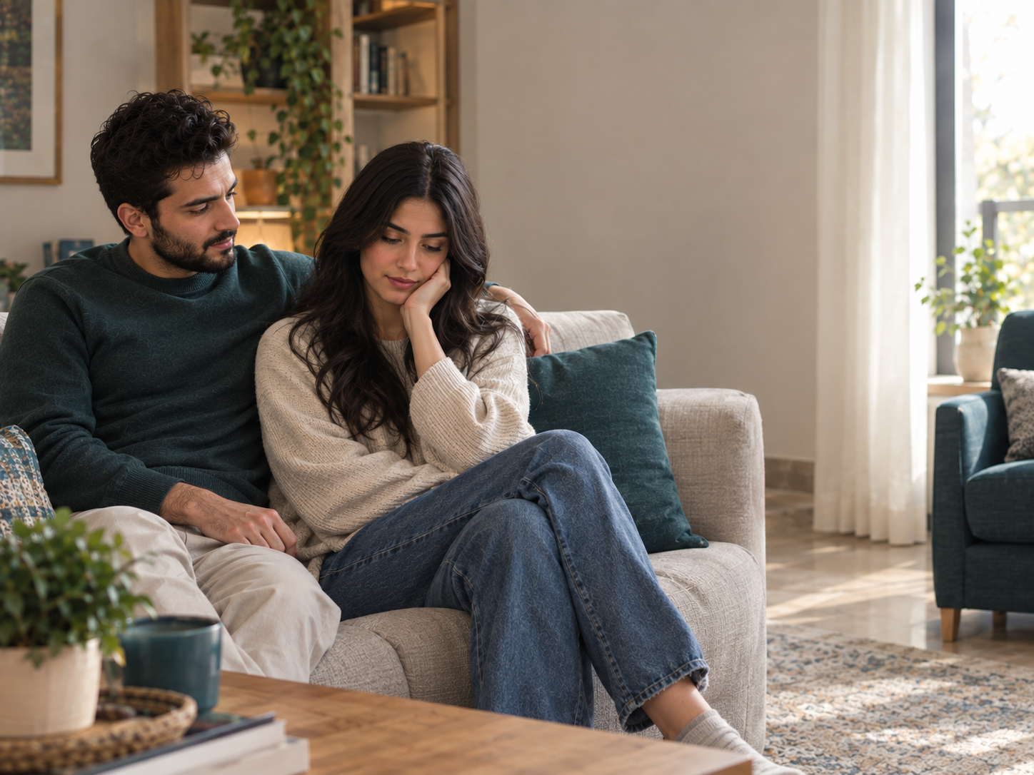 شخص يفحص مشاعره أثناء لحظة طبيعية وهادئة مع شريكه في مثال على وسواس العلاقات