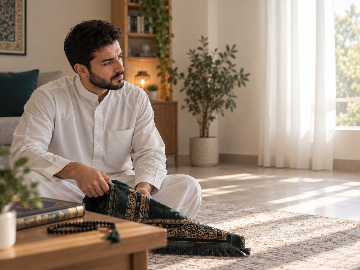 رجل متدين في موقف يومي طبيعي مع فكرة دخيلة تتعارض مع قيمه في مثال على الوسواس القهري الديني