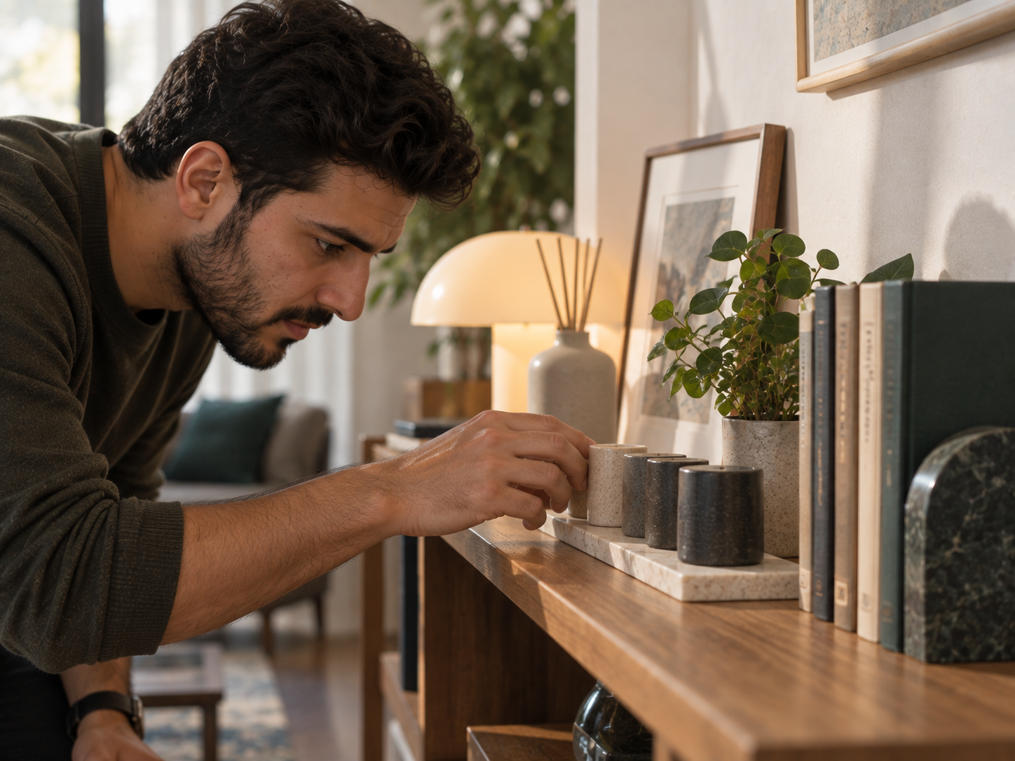 شخص يرتب أغراضًا بدقة للوصول إلى إحساس بأن كل شيء مضبوط في مثال على وسواس الترتيب والتناظر